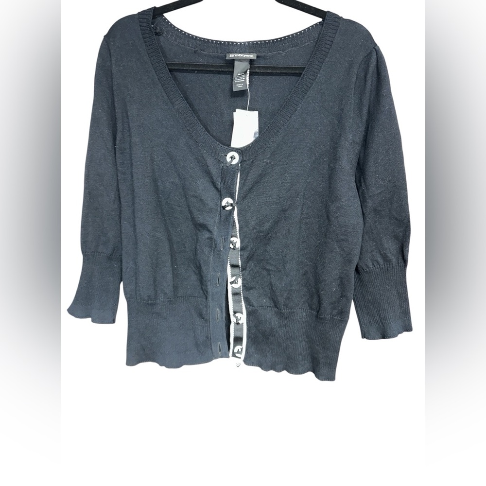 Lane Bryant Black Button-Up Cardigan with Black & White Ribbon and White Buttons